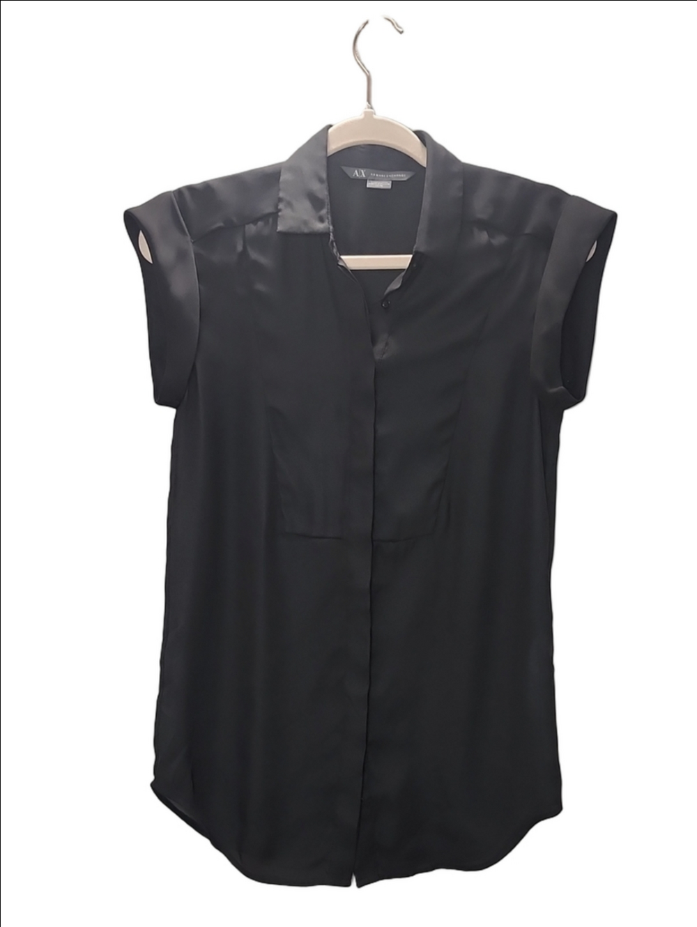 A/X ARMANI EXCHANGE Black cuffed cap Sleeve Satin tuxedo Tunic Blouse